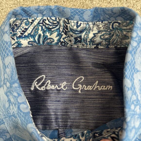 Robert Graham Shirt Mens Sz L Blue Paisley Floral Short Sleeve Cotton Button Up - Picture 2 of 10